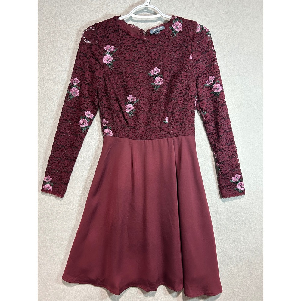 ModCloth Fit Flare Dress Women 4 Burgundy Floral Lace Embroidery Fairy Fall
